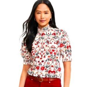 LOFT Petite Forest smocked puff sleeve top (XS)